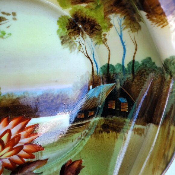 Noritake Bowl Made in Japan Hand Painted 6 Sided Hexagon 2 Handled Scenic - Picture 9 of 10